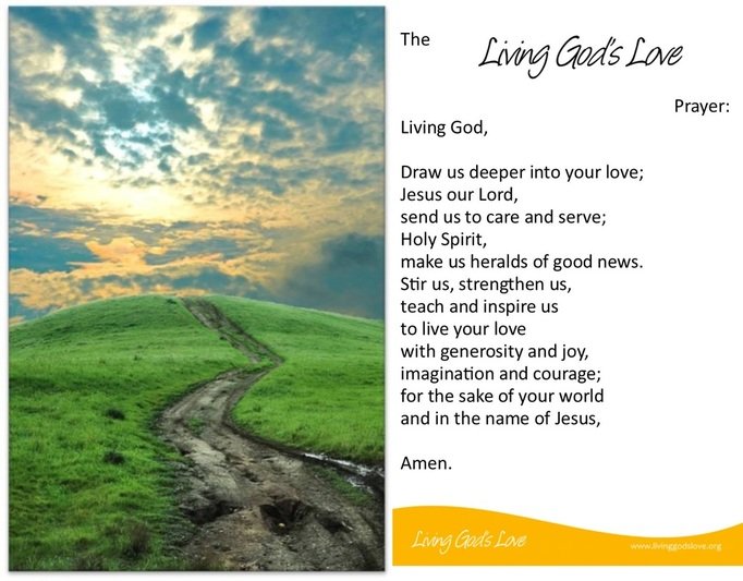 The Living God's Love prayer card, showing a path over green hills