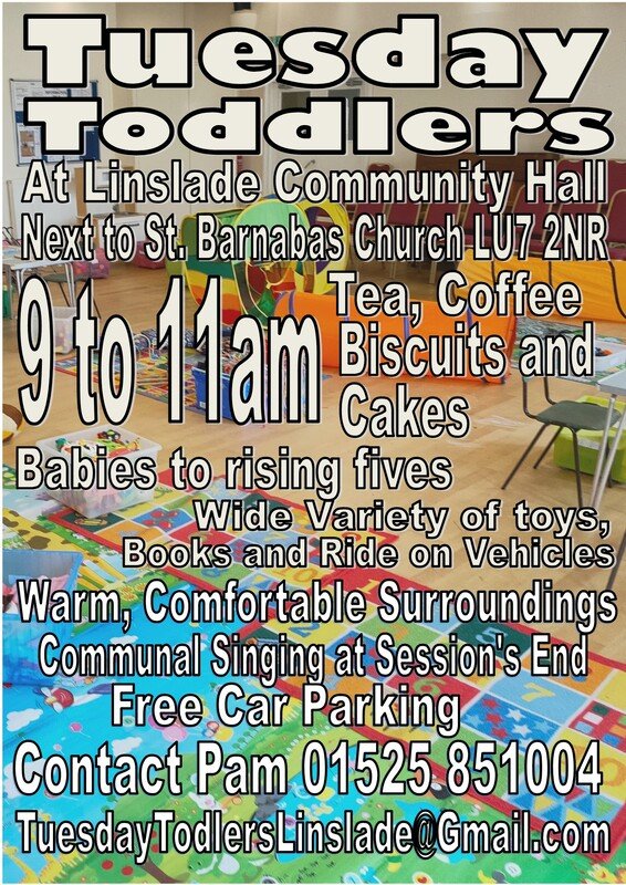 Tuesday Toddlers poster: 9 to 11am at Linslade Community Hall